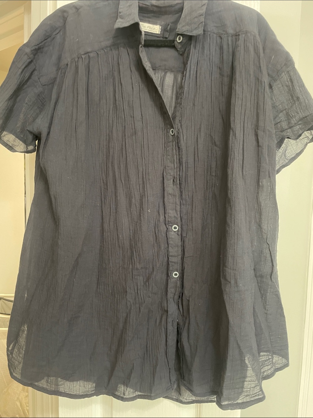 Free People flowy Lightweight Crinkled Short Sleeve Button-Up - black
